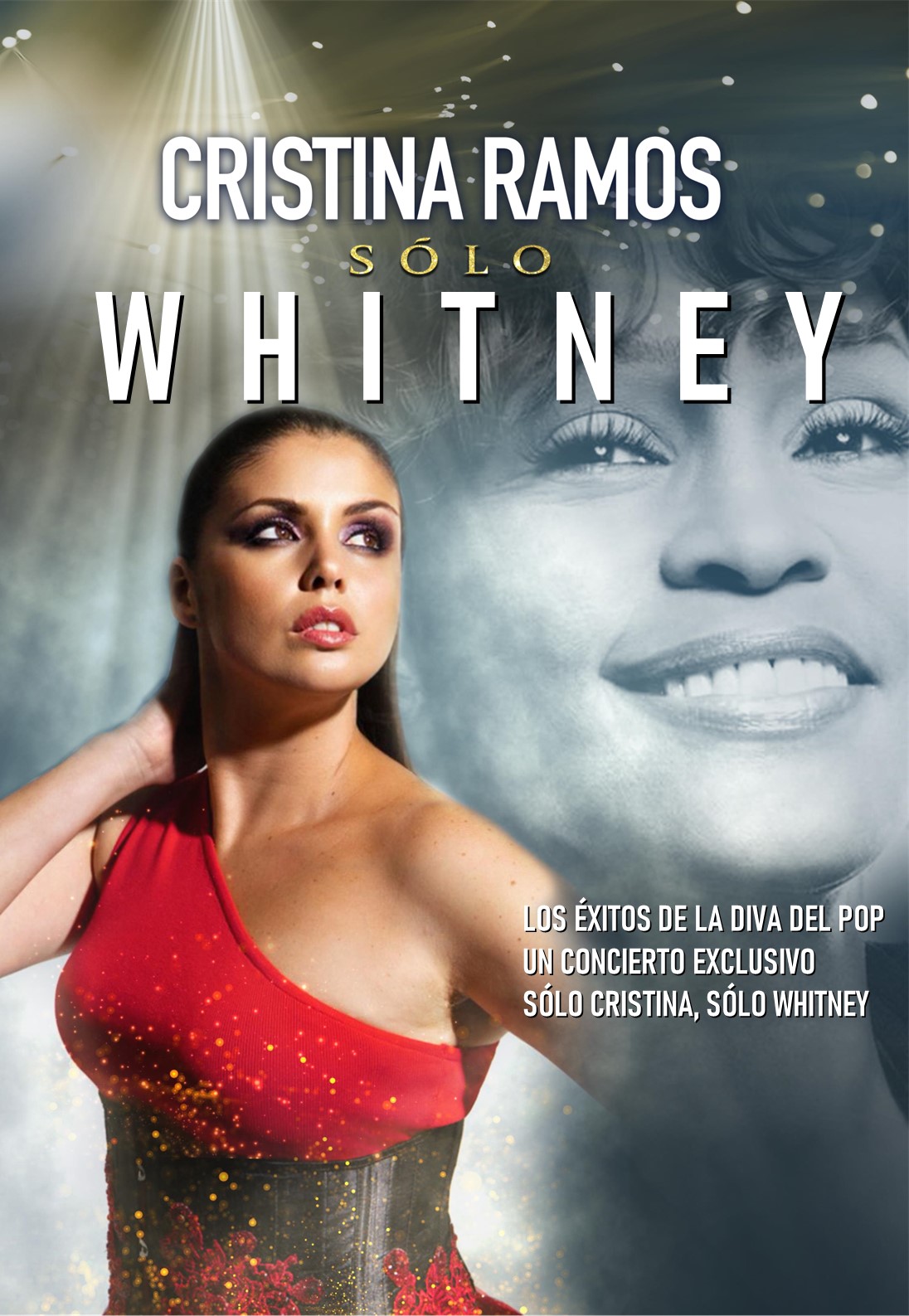 Promotional poster for Cristina Ramos's solo Whitney concert, featuring a woman in a red dress and large bold text.