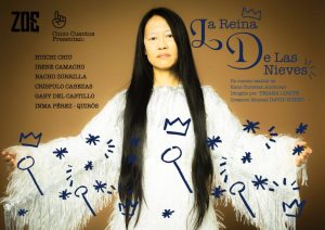 Theatrical poster for 'La Reina de Las Nieves' showing a woman in a white fringed robe with blue crown and star decorations; cast list on the left.