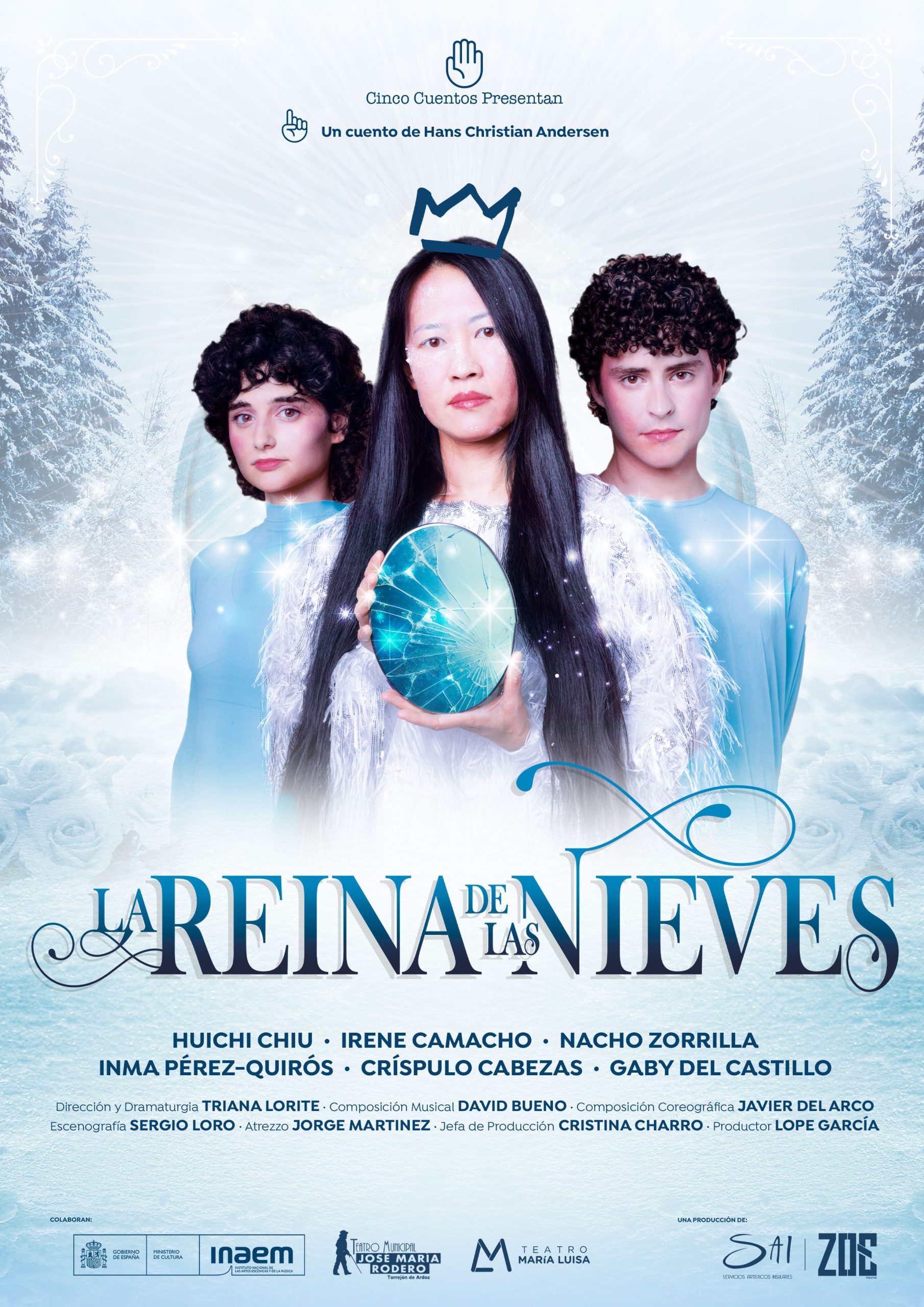 Theatrical poster for La Reina de las Nieves with a central woman holding a cracked blue mirror, flanked by two dancers in blue, snowy backdrop.