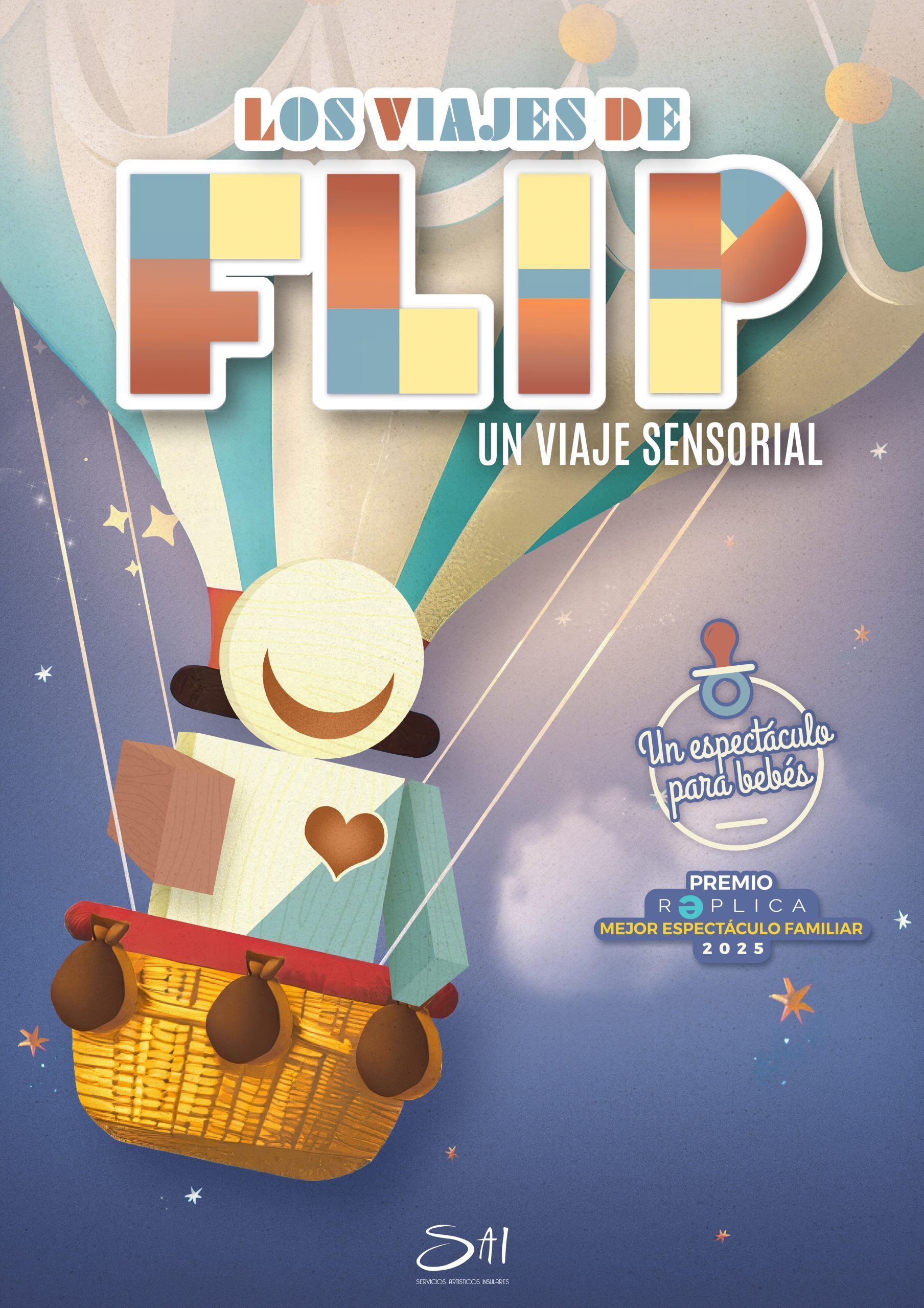Poster for 'Los Viajes de Fleur': colorful geometric letters, subtitle 'Un viaje sensorial', basket and hot-air balloon illustration.