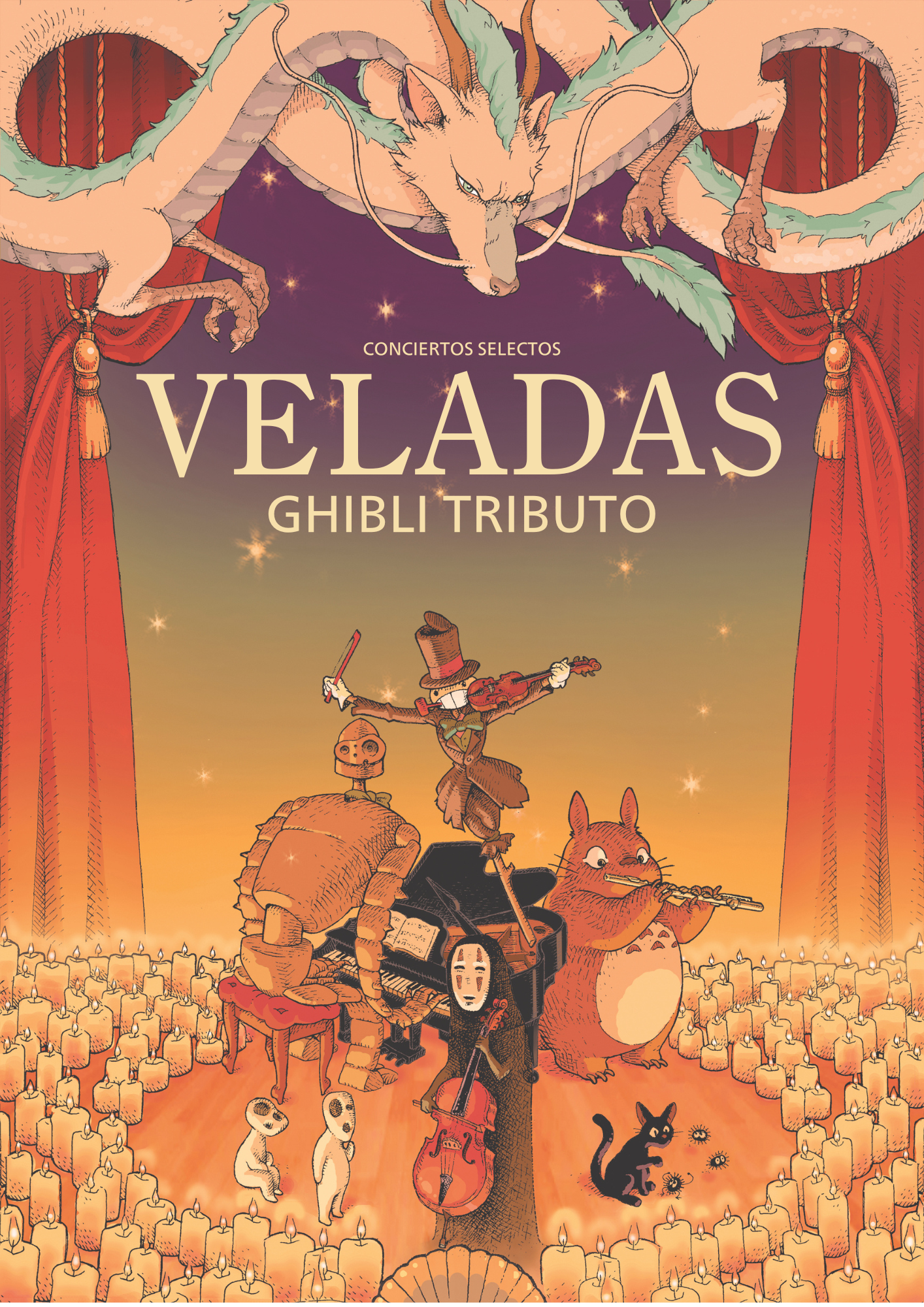 Promotional poster for Veladas: Ghibli tribute concerts, featuring a large dragon above a candlelit crowd and performers on stage.